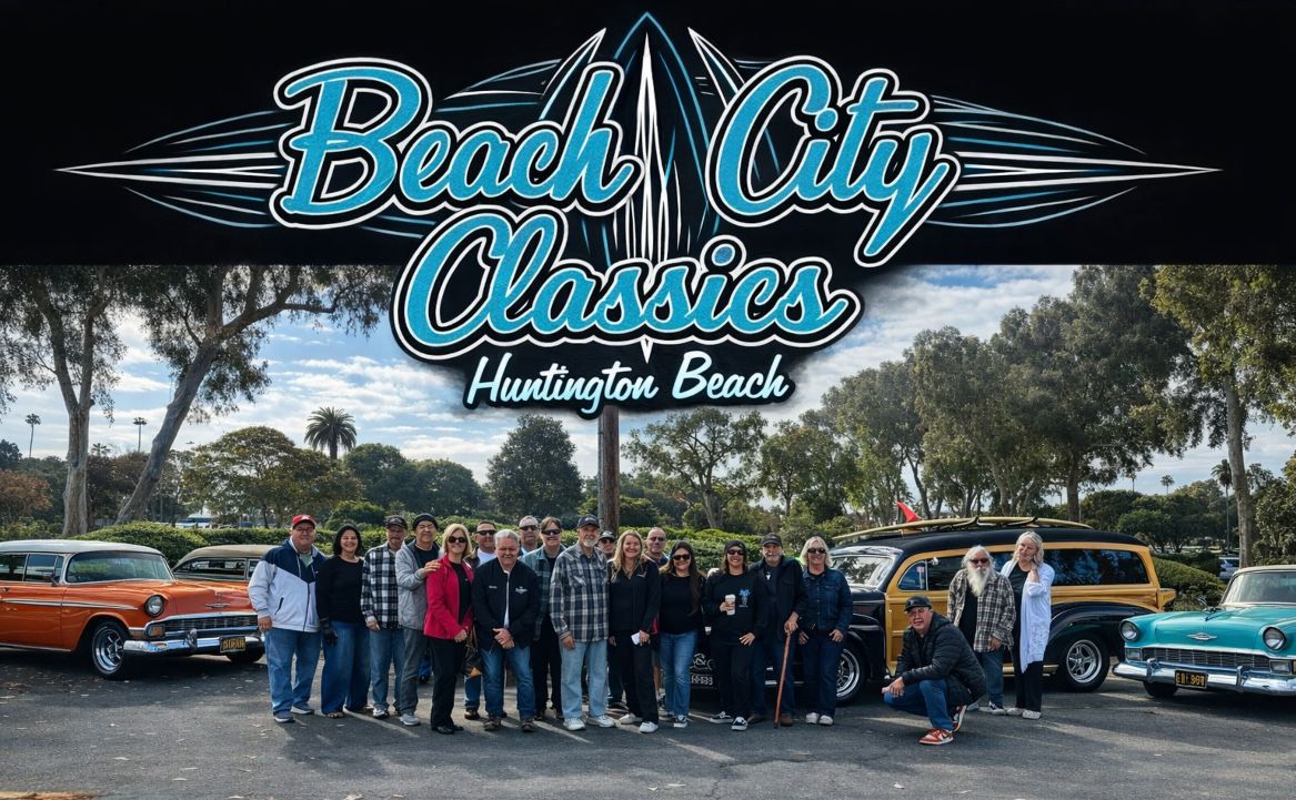 Beach City Classics members posing with classic cars